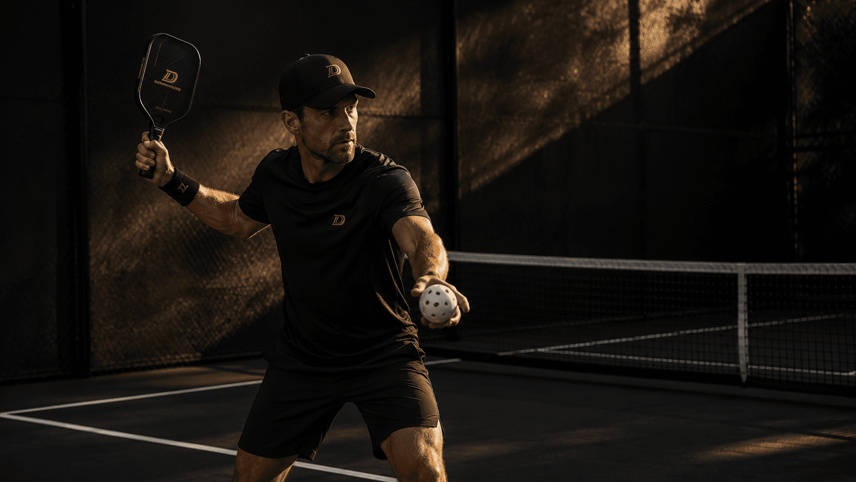 Competitive pickleball player wearing black Dominance8 gear on a dark court