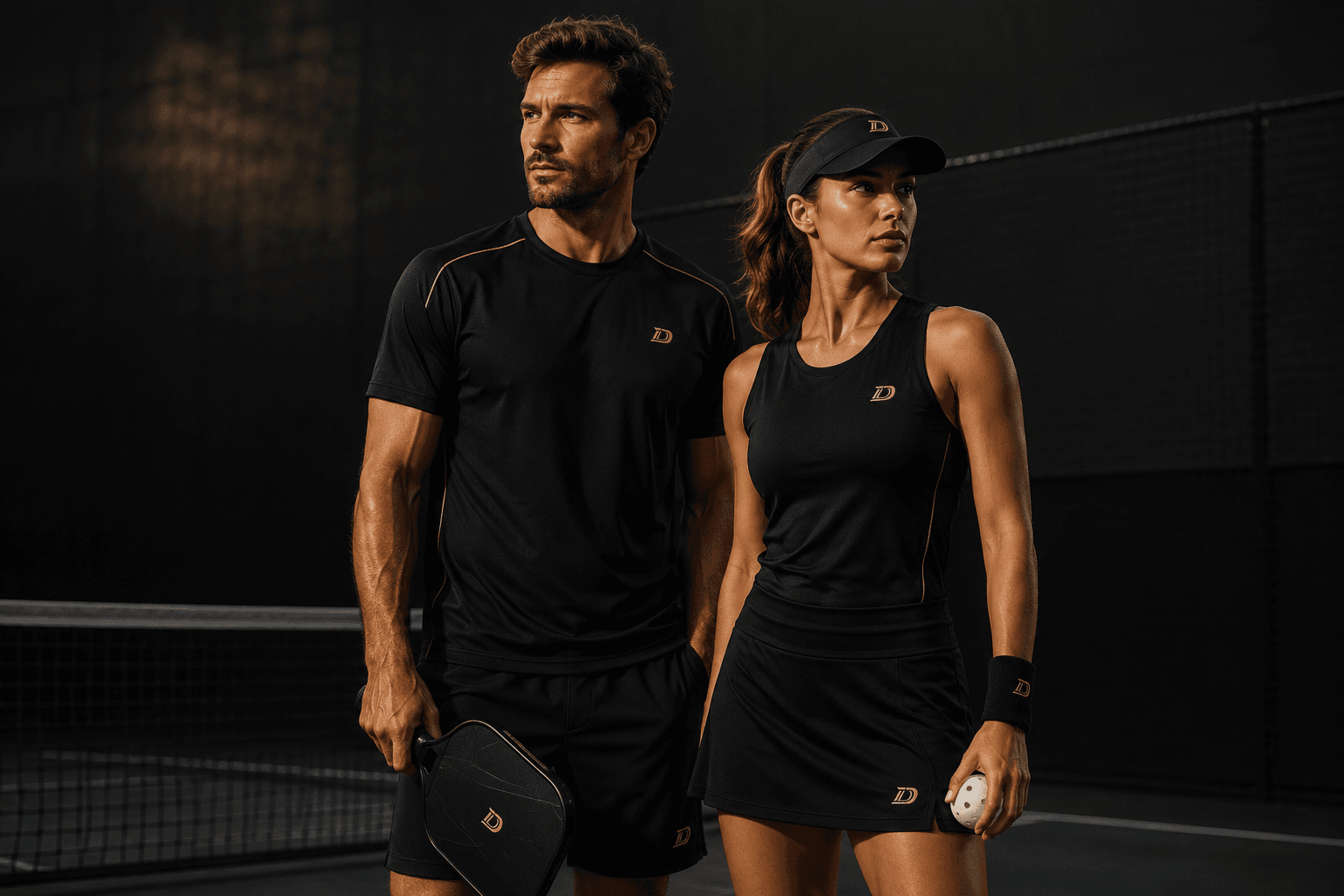 Dominance8 athletes wearing black and gold performance apparel on a premium pickleball court