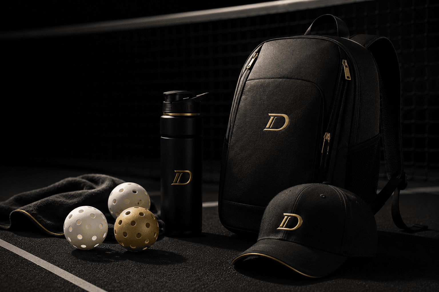 Dominance8 black and gold pickleball bag, cap, balls, and court accessories