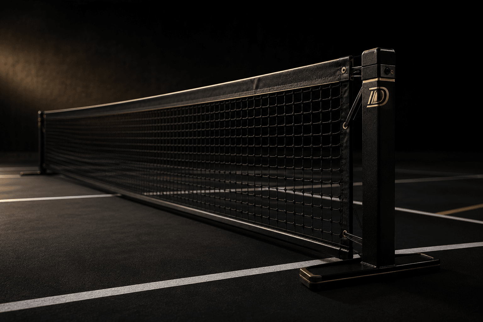 Dominance8 black and gold premium pickleball net on a dark court